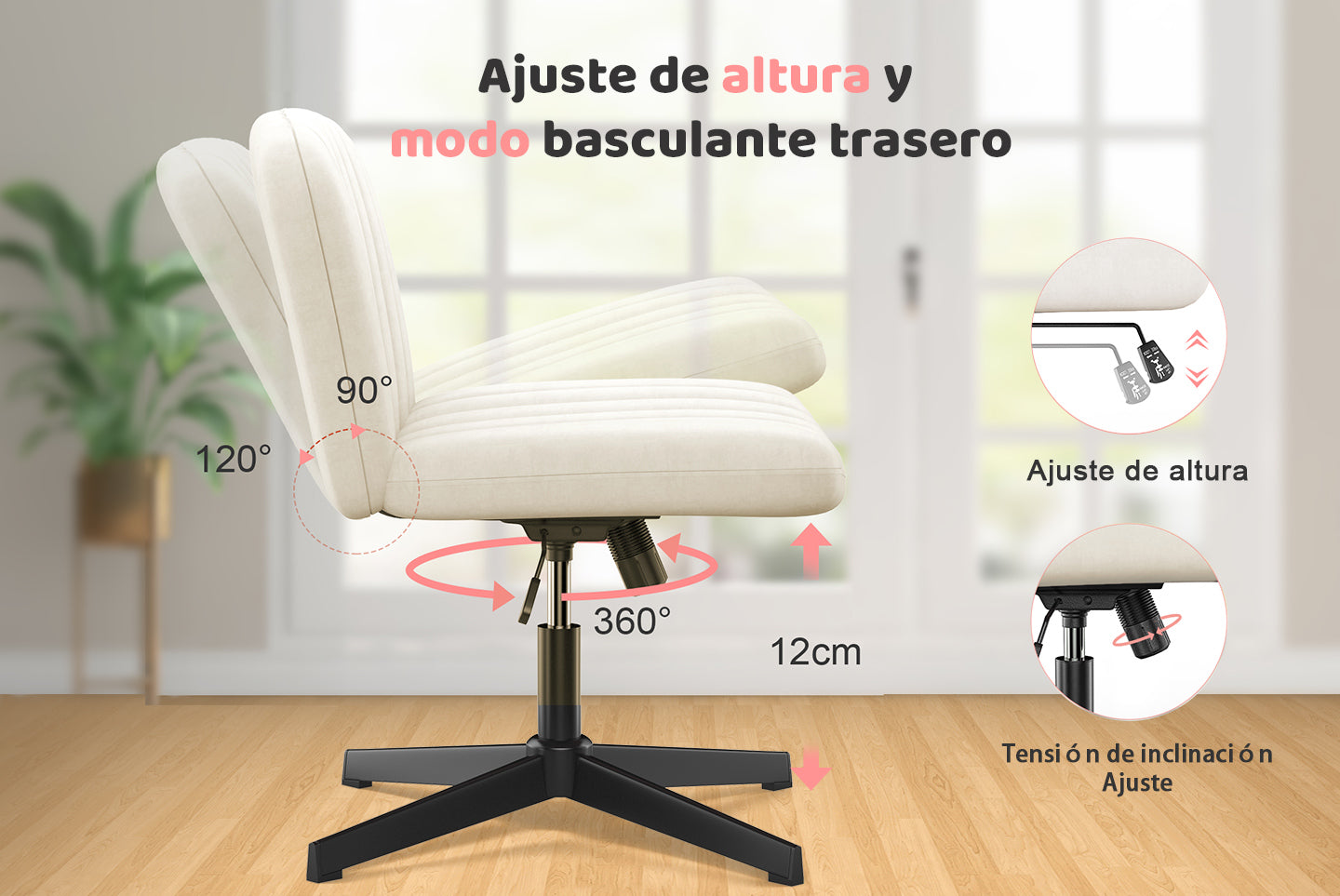 Silla de Oficina Ergonómica con Patas Cruzadas Silla de Escritorio Ancha sin Brazos con Respaldo Medio para la Oficina en Casa Dormitorio
