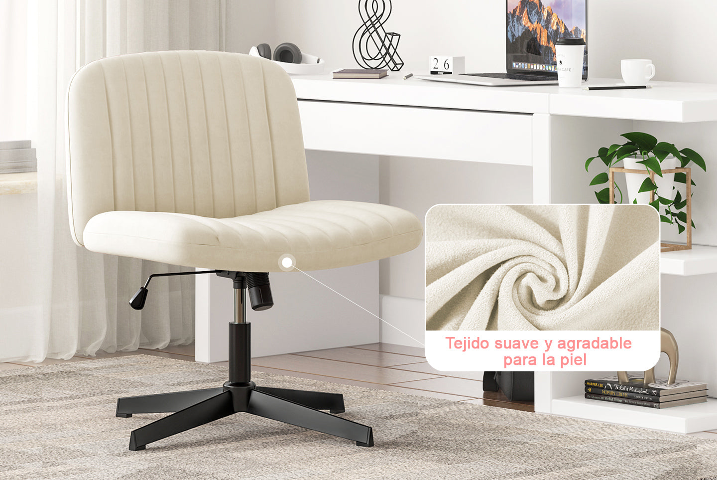 Silla de Oficina Ergonómica con Patas Cruzadas Silla de Escritorio Ancha sin Brazos con Respaldo Medio para la Oficina en Casa Dormitorio