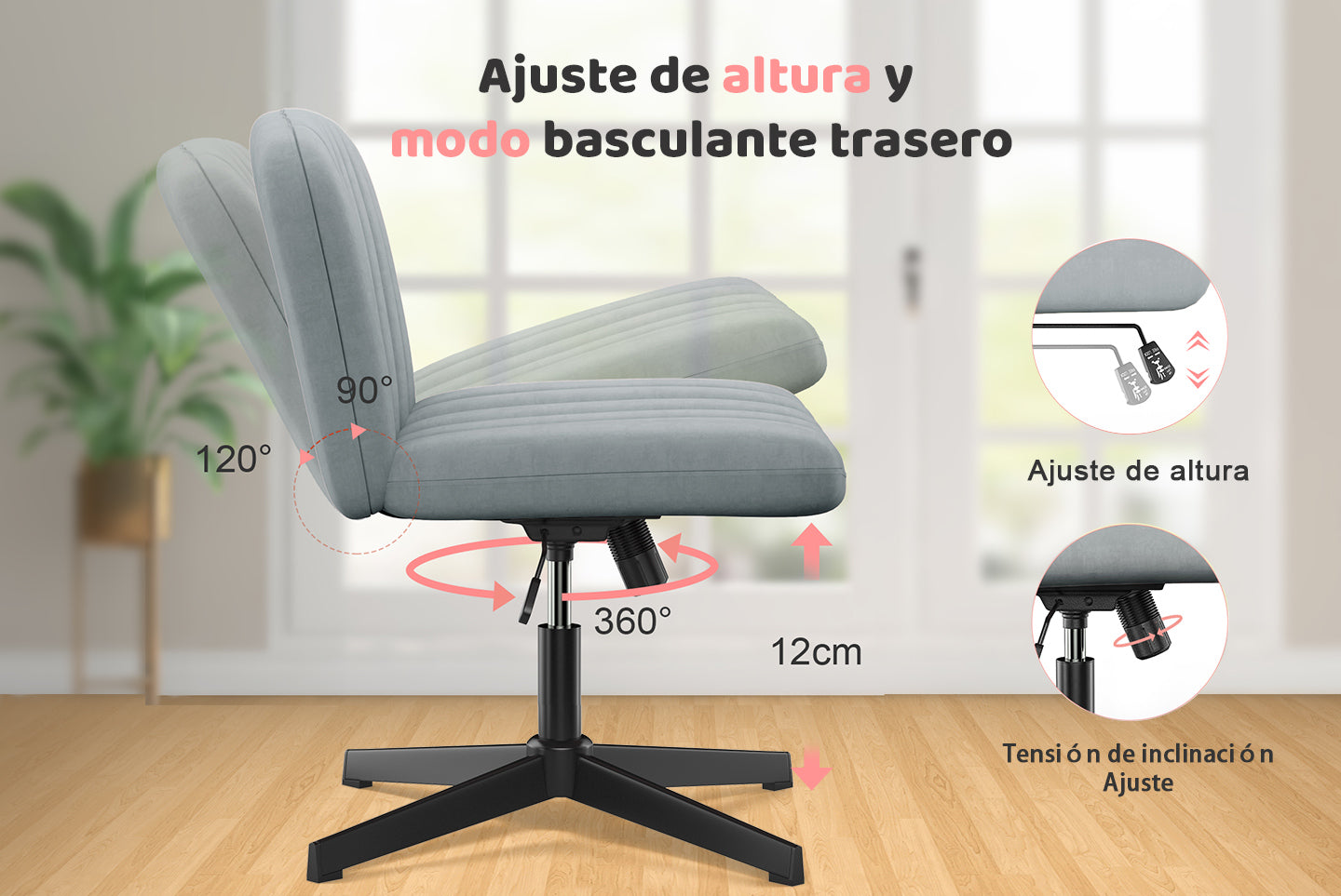 Silla de Oficina Ergonómica con Patas Cruzadas Silla de Escritorio Ancha sin Brazos con Respaldo Medio para la Oficina en Casa Dormitorio