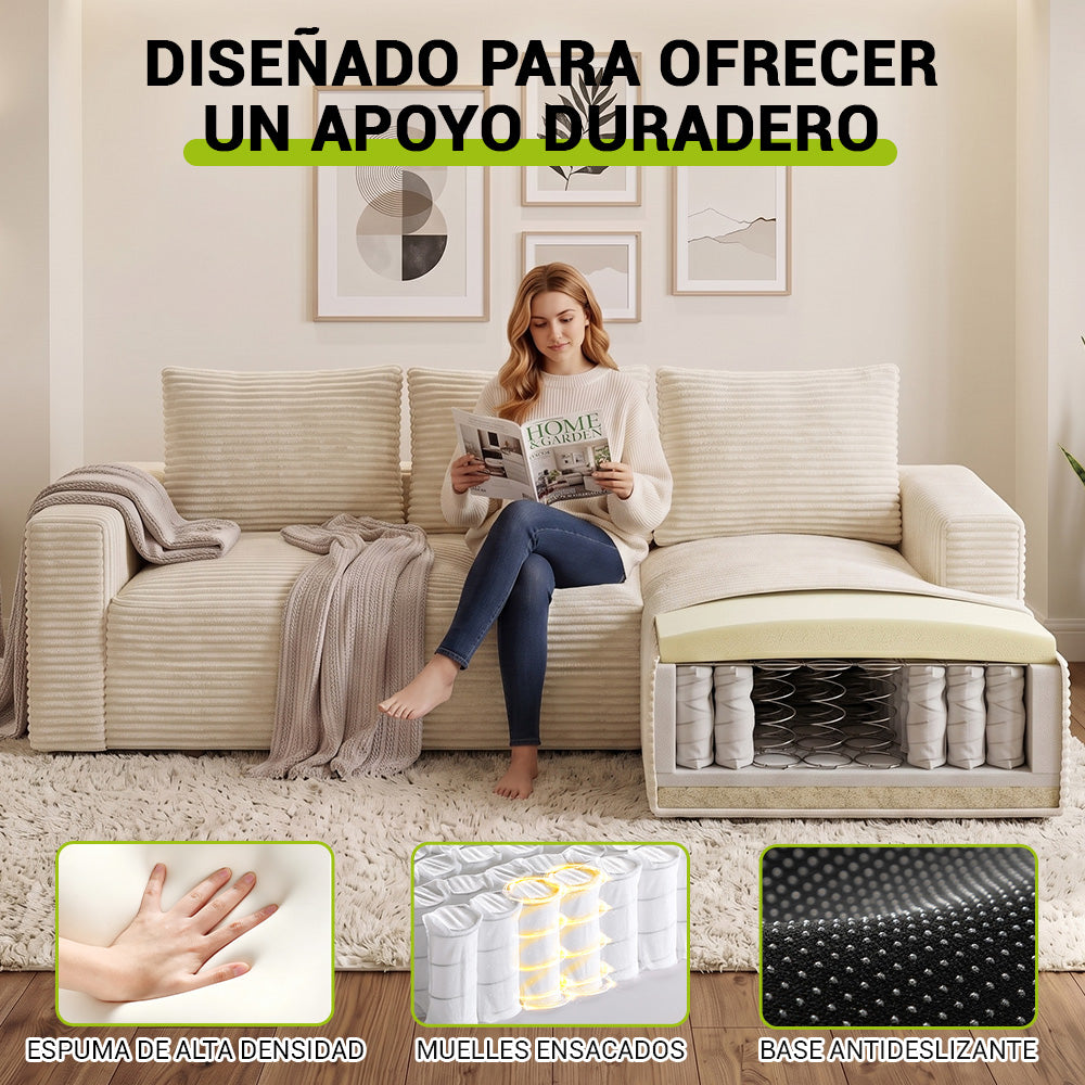 Sofá Modular Esquinero en Forma de L de Pana con Chaise Longue, sin Montaje