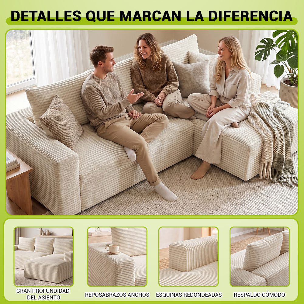 Sofá Modular Esquinero en Forma de L de Pana con Chaise Longue, sin Montaje