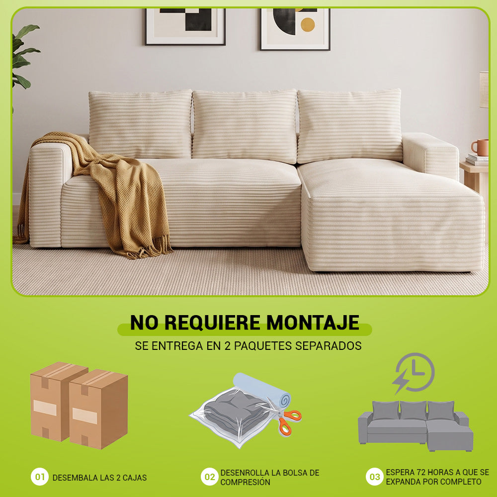 Sofá Modular Esquinero en Forma de L de Pana con Chaise Longue, sin Montaje