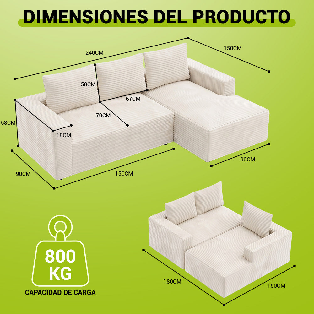 Sofá Modular Esquinero en Forma de L de Pana con Chaise Longue, sin Montaje
