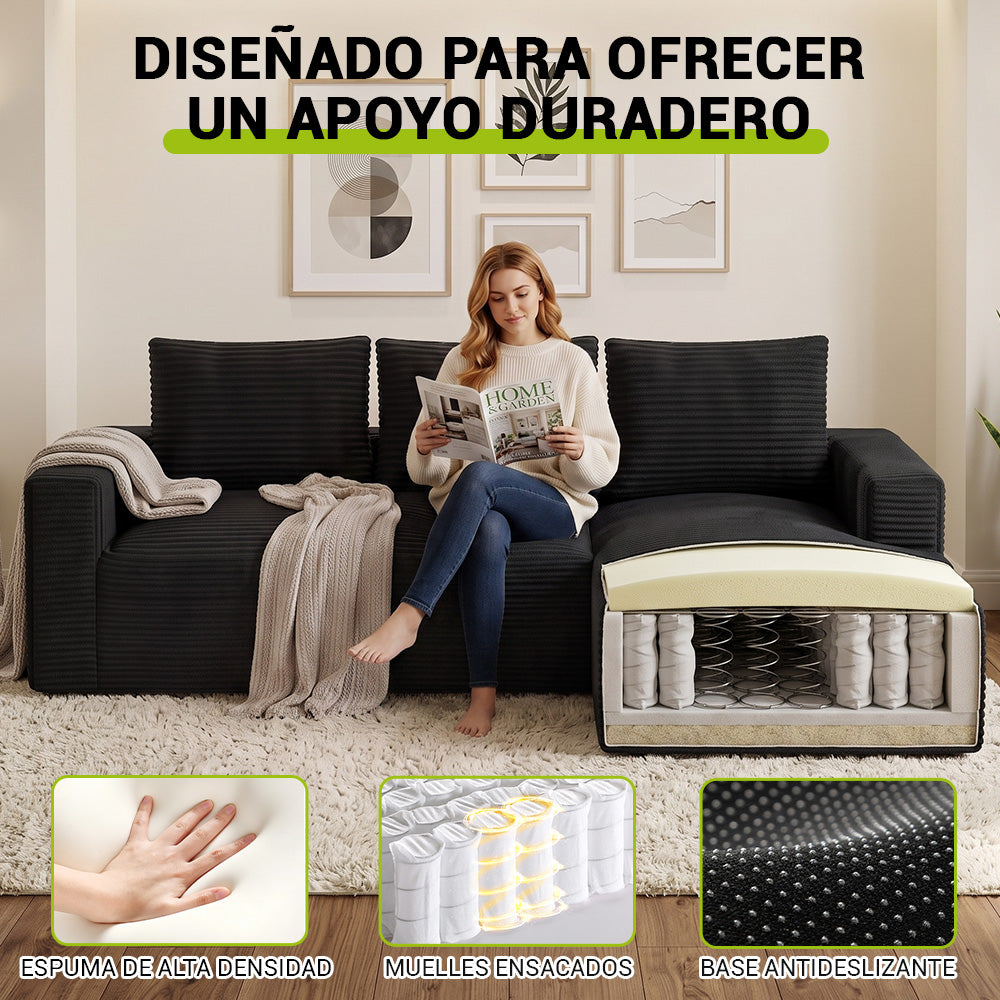 Sofá Modular Esquinero en Forma de L de Pana con Chaise Longue, sin Montaje