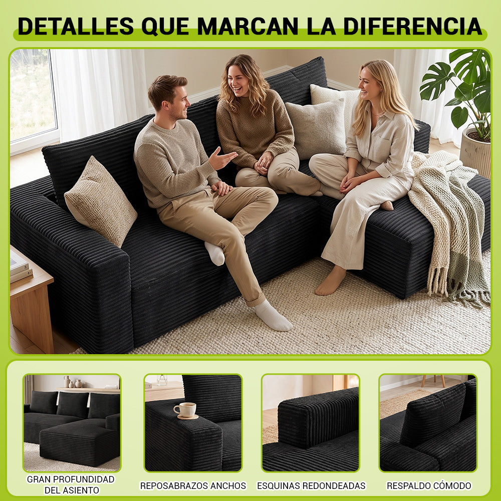Sofá Modular Esquinero en Forma de L de Pana con Chaise Longue, sin Montaje