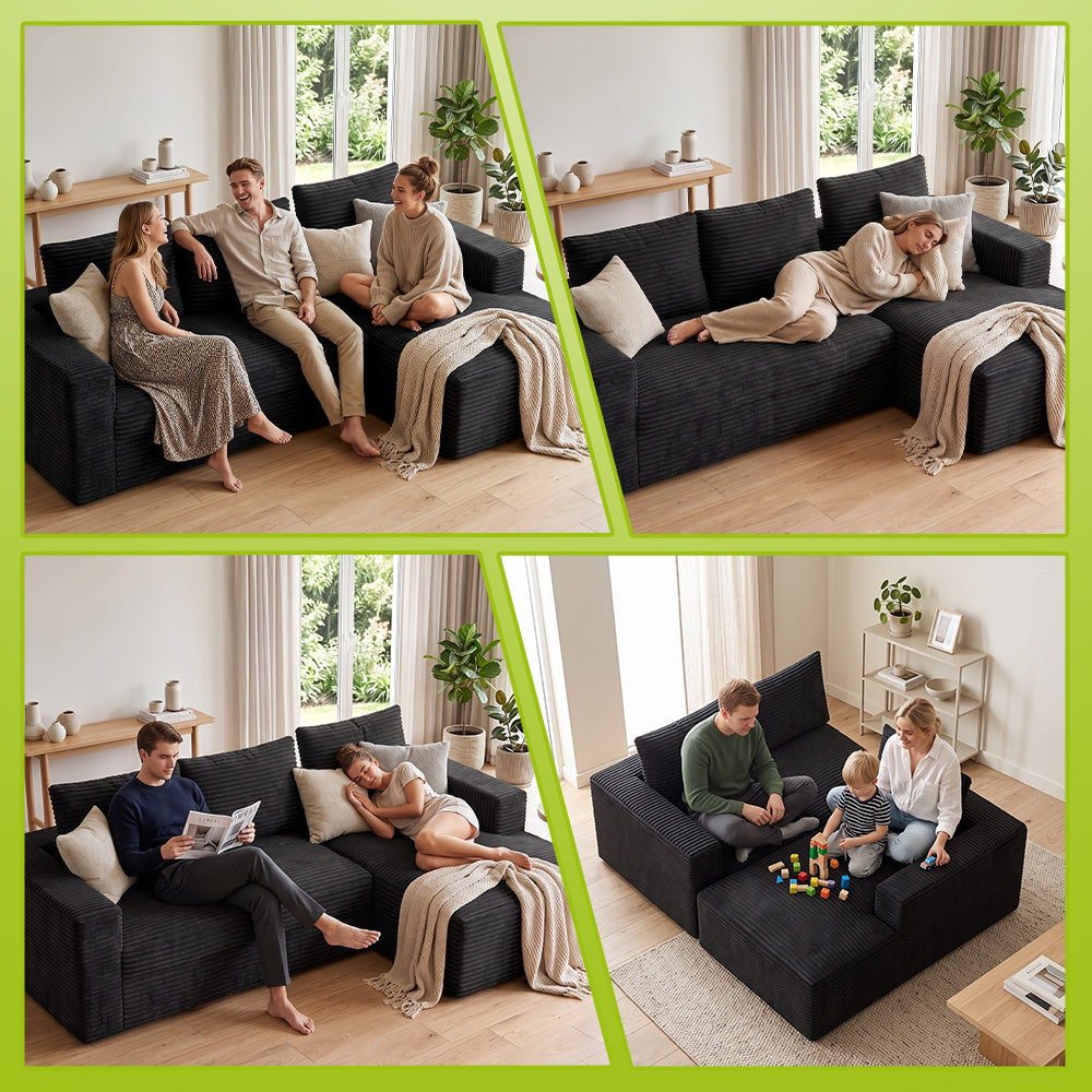 Sofá Modular Esquinero en Forma de L de Pana con Chaise Longue, sin Montaje