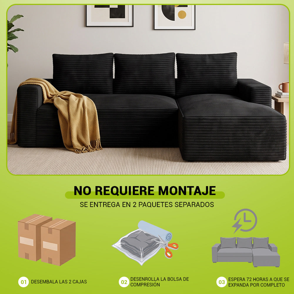 Sofá Modular Esquinero en Forma de L de Pana con Chaise Longue, sin Montaje