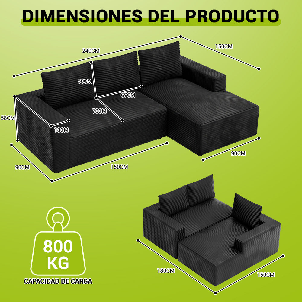 Sofá Modular Esquinero en Forma de L de Pana con Chaise Longue, sin Montaje