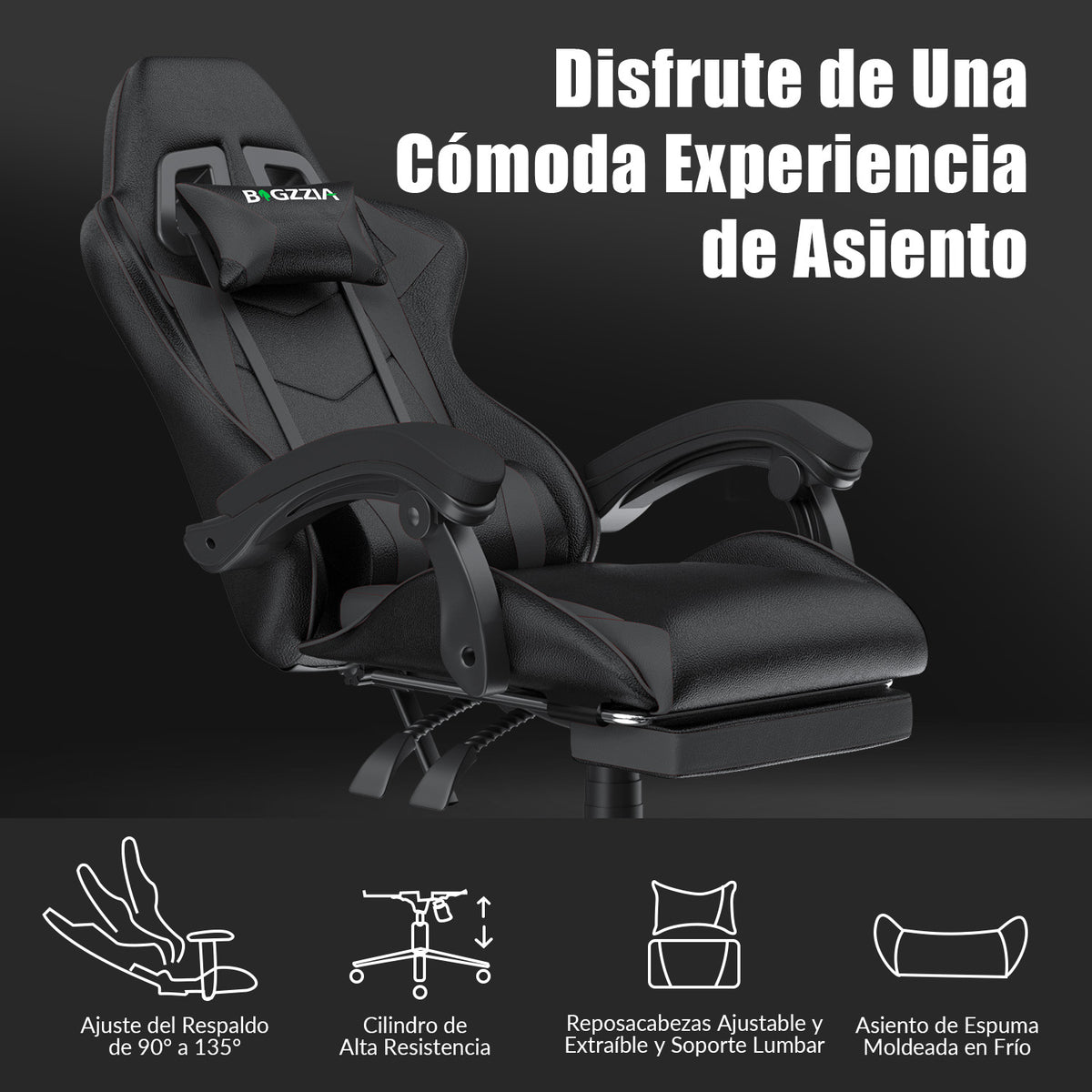 Silla Ergonómica para Juegos, Giratoria y Reclinable a 135° con Reposacabezas, Reposapiés y Soporte Lumbar, Silla de Oficina de Cuero Sintético.