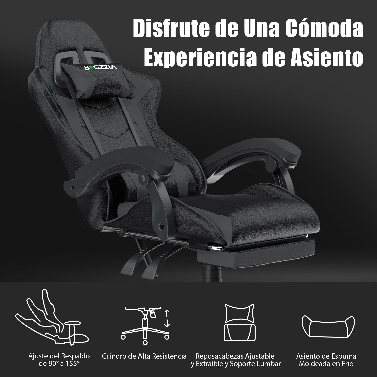 Silla Ergonómica para Juegos Silla Giratoria Reclinable 155° con Reposacabezas y Soporte Lumbar Silla de Oficina de Cuero de PU