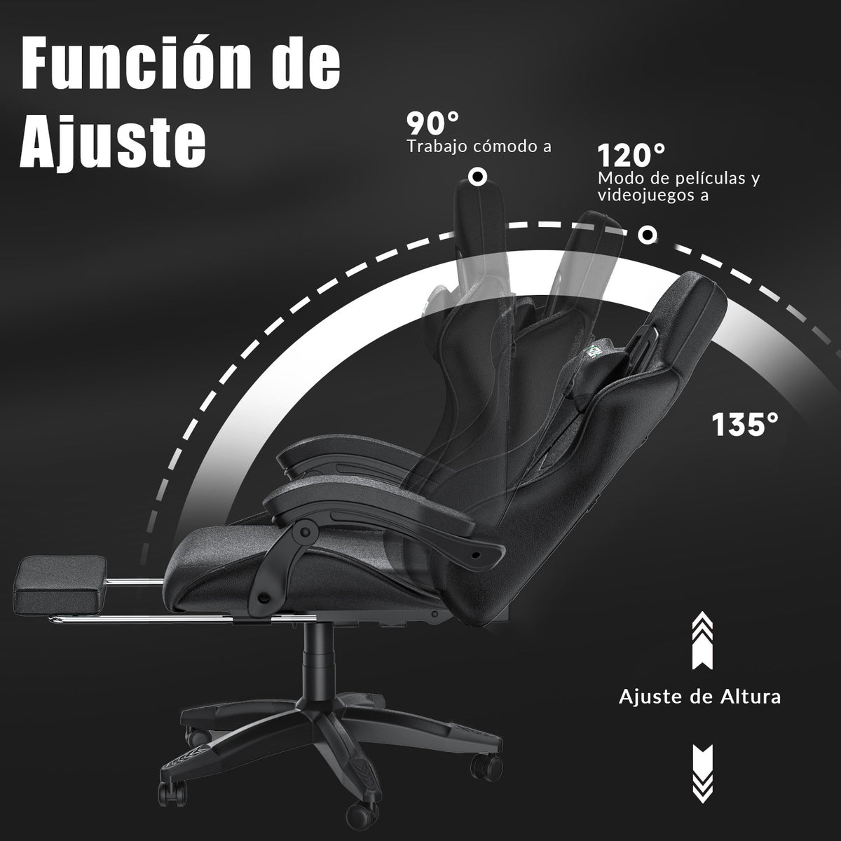 Silla Ergonómica para Juegos, Giratoria y Reclinable a 135° con Reposacabezas, Reposapiés y Soporte Lumbar, Silla de Oficina de Cuero Sintético.