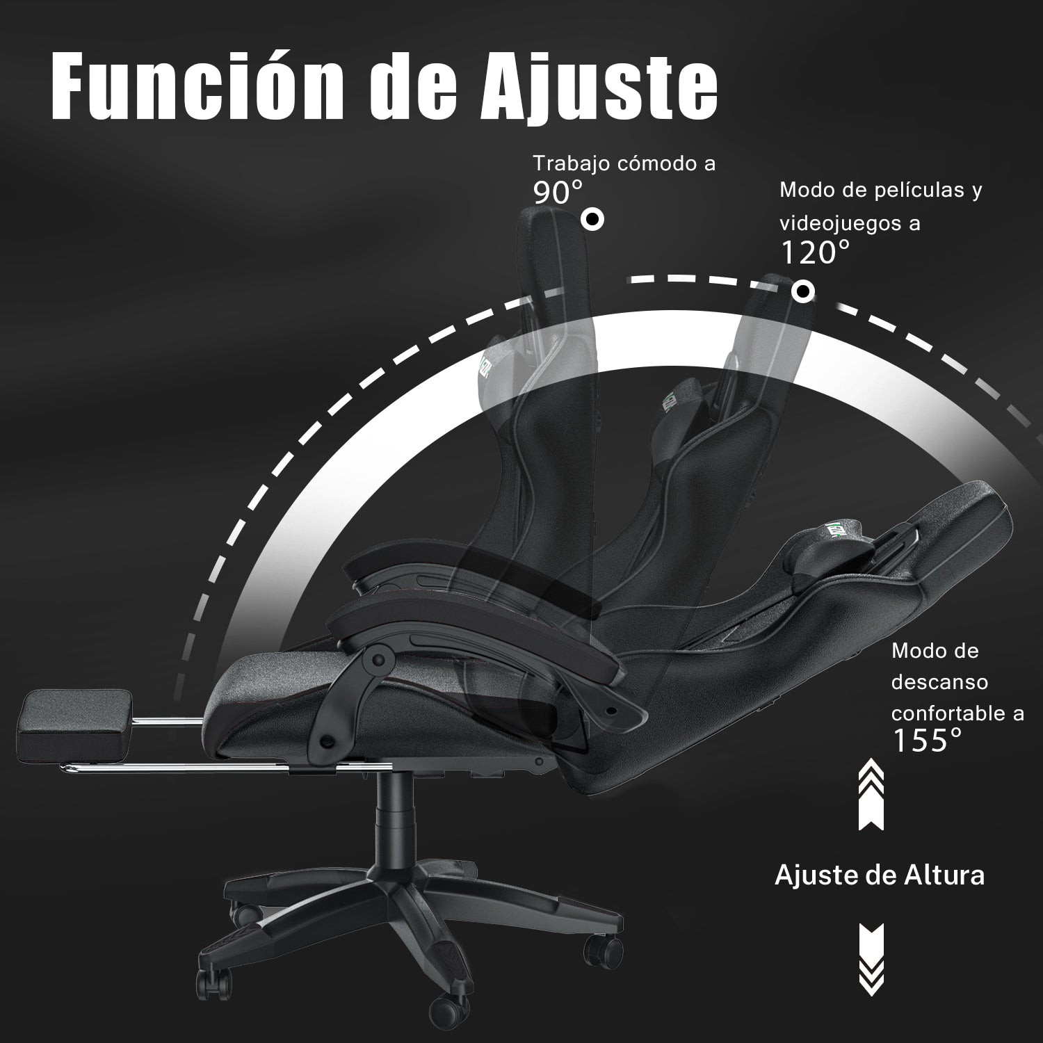 Silla Ergonómica para Juegos Silla Giratoria Reclinable 155° con Reposacabezas y Soporte Lumbar Silla de Oficina de Cuero de PU