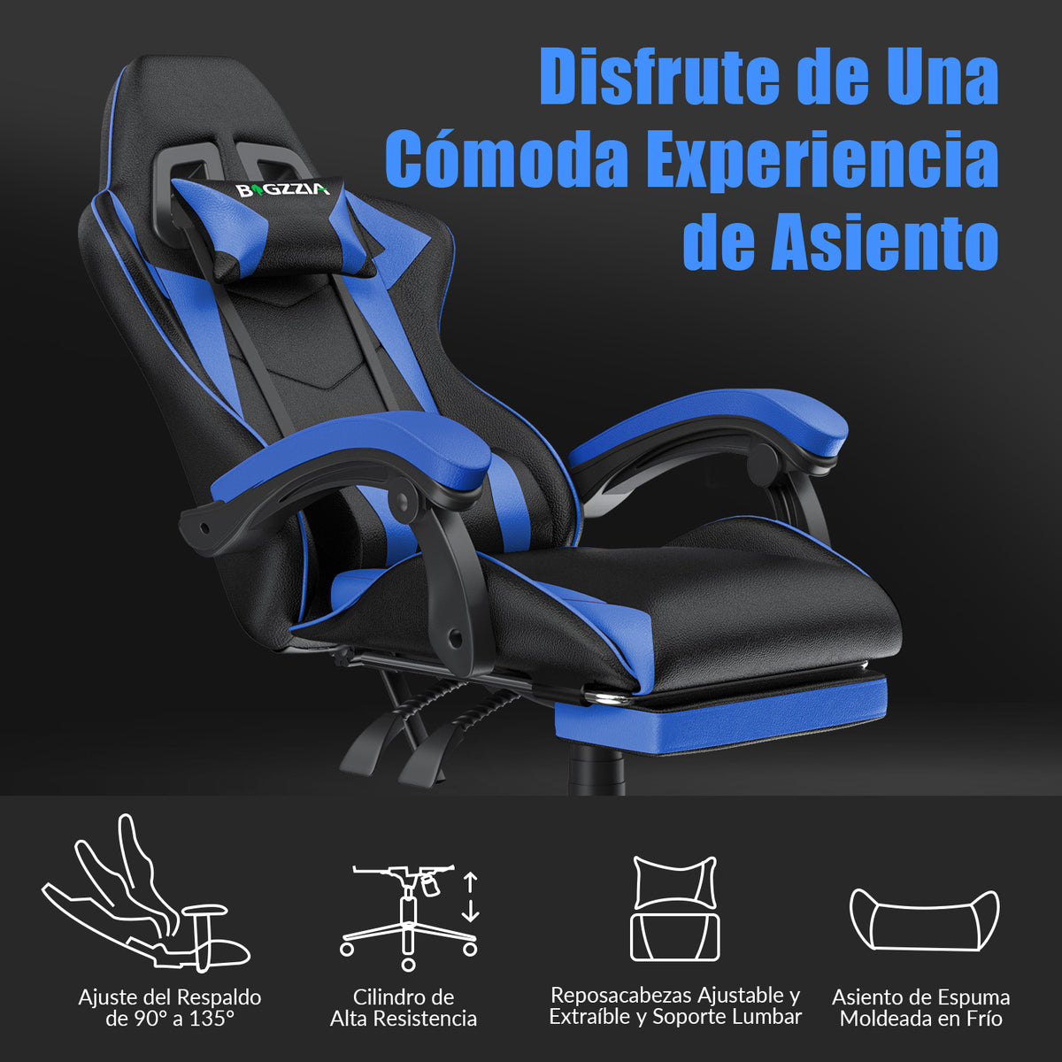 Silla Ergonómica para Juegos, Giratoria y Reclinable a 135° con Reposacabezas, Reposapiés y Soporte Lumbar, Silla de Oficina de Cuero Sintético.