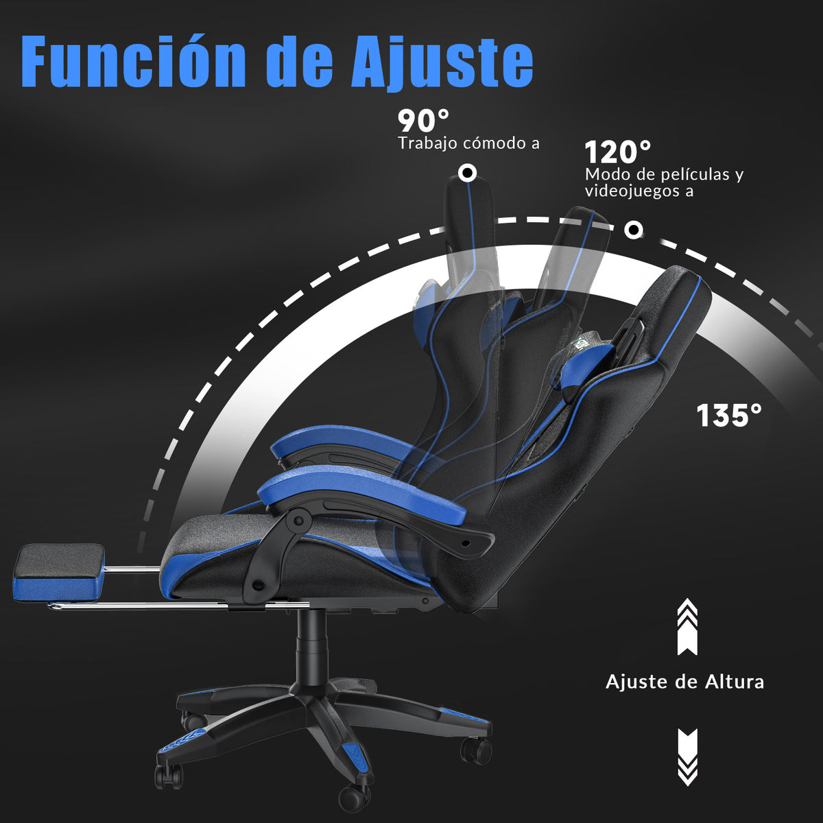 Silla Ergonómica para Juegos, Giratoria y Reclinable a 135° con Reposacabezas, Reposapiés y Soporte Lumbar, Silla de Oficina de Cuero Sintético.