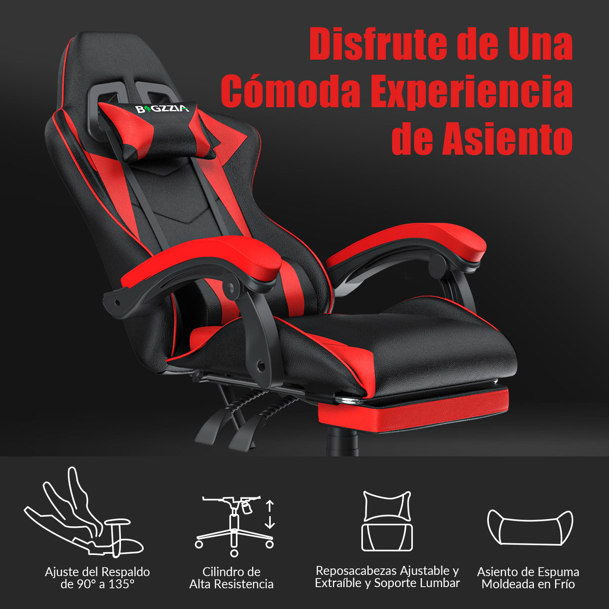 Silla Ergonómica para Juegos, Giratoria y Reclinable a 135° con Reposacabezas, Reposapiés y Soporte Lumbar, Silla de Oficina de Cuero Sintético.