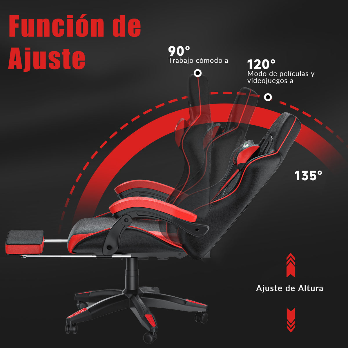 Silla Ergonómica para Juegos, Giratoria y Reclinable a 135° con Reposacabezas, Reposapiés y Soporte Lumbar, Silla de Oficina de Cuero Sintético.