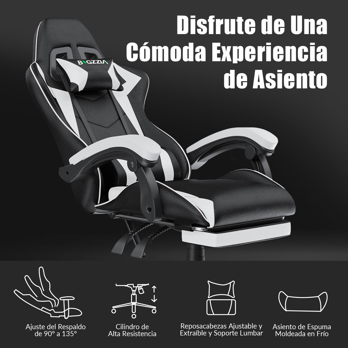 Silla Ergonómica para Juegos, Giratoria y Reclinable a 135° con Reposacabezas, Reposapiés y Soporte Lumbar, Silla de Oficina de Cuero Sintético.