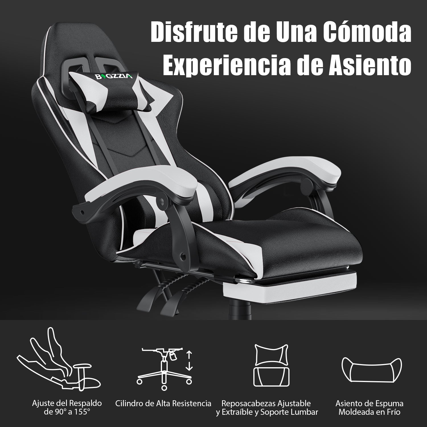 Silla Ergonómica para Juegos Silla Giratoria Reclinable 155° con Reposacabezas y Soporte Lumbar Silla de Oficina de Cuero de PU