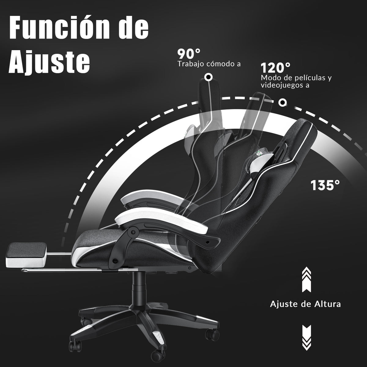 Silla Ergonómica para Juegos, Giratoria y Reclinable a 135° con Reposacabezas, Reposapiés y Soporte Lumbar, Silla de Oficina de Cuero Sintético.
