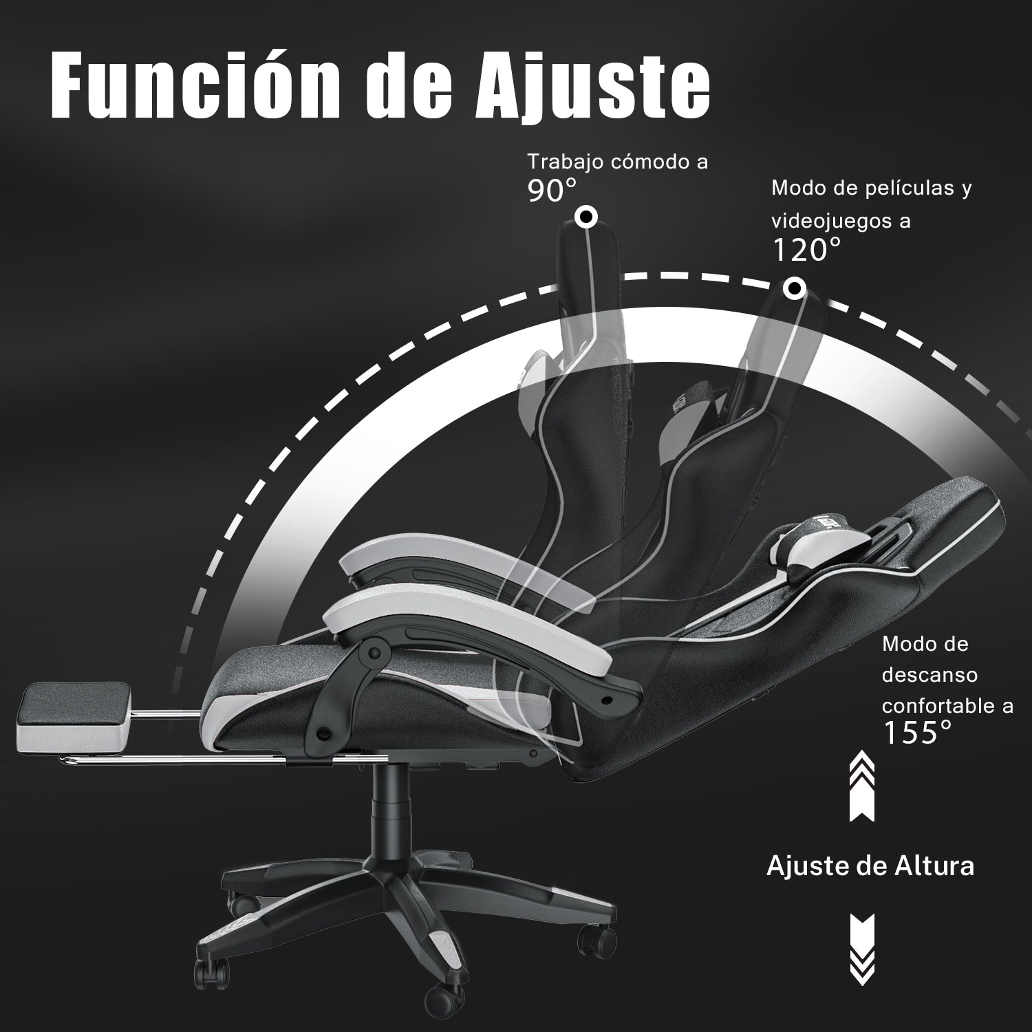 Silla Ergonómica para Juegos Silla Giratoria Reclinable 155° con Reposacabezas y Soporte Lumbar Silla de Oficina de Cuero de PU