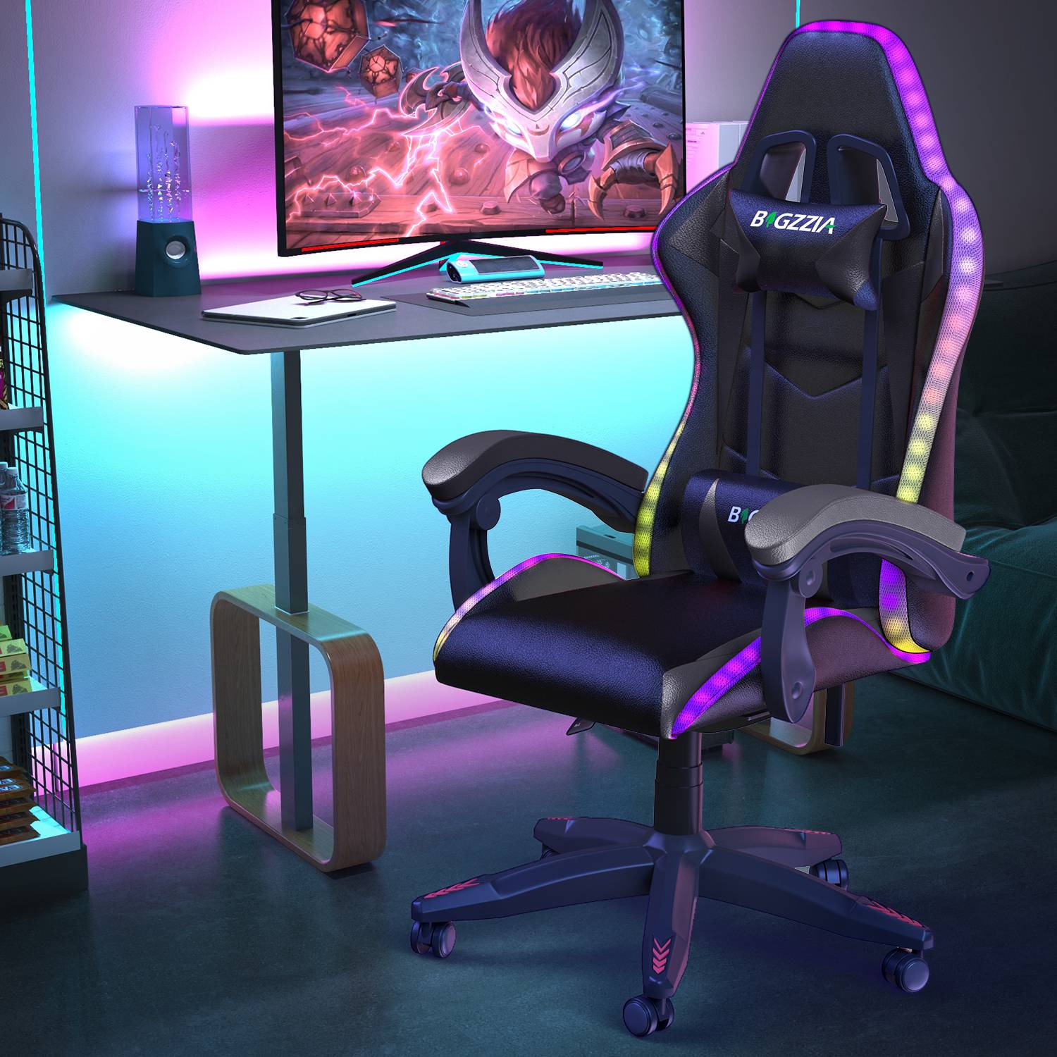 Silla Ergonómica para Juegos con Luces LED RGB, Reclinable, Reposacabezas y Soporte Lumbar Estilo Carrera