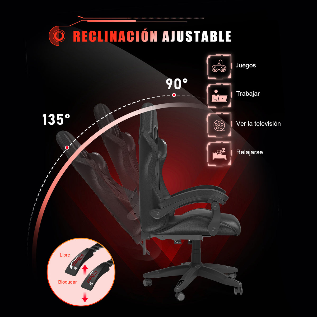 Silla Ergonómica para Juegos con Luces LED RGB, Reclinable, Reposacabezas y Soporte Lumbar Estilo Carrera