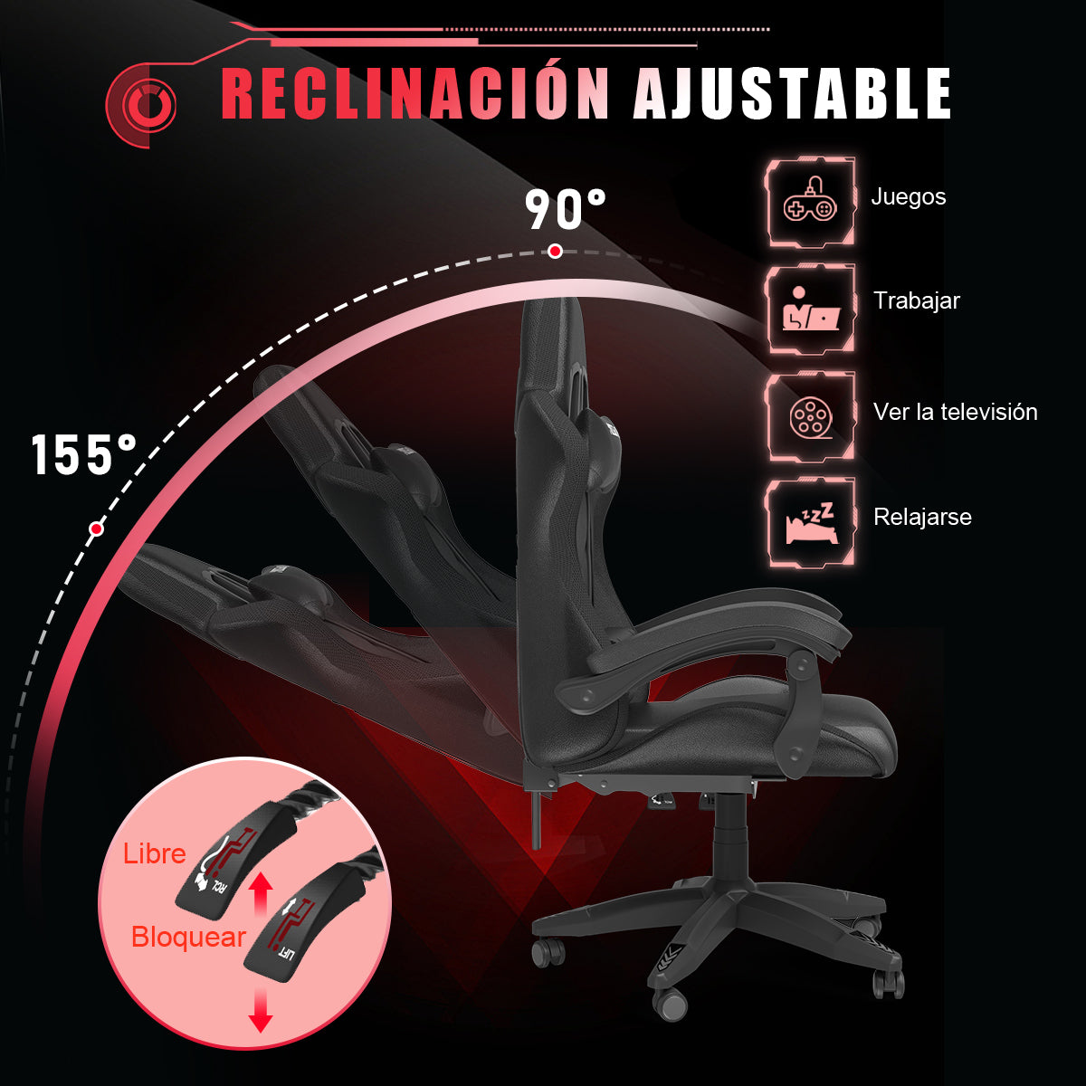 Silla Ergonómica para Juegos con Luces LED RGB, Reclinable, Reposacabezas y Soporte Lumbar Estilo Carrera