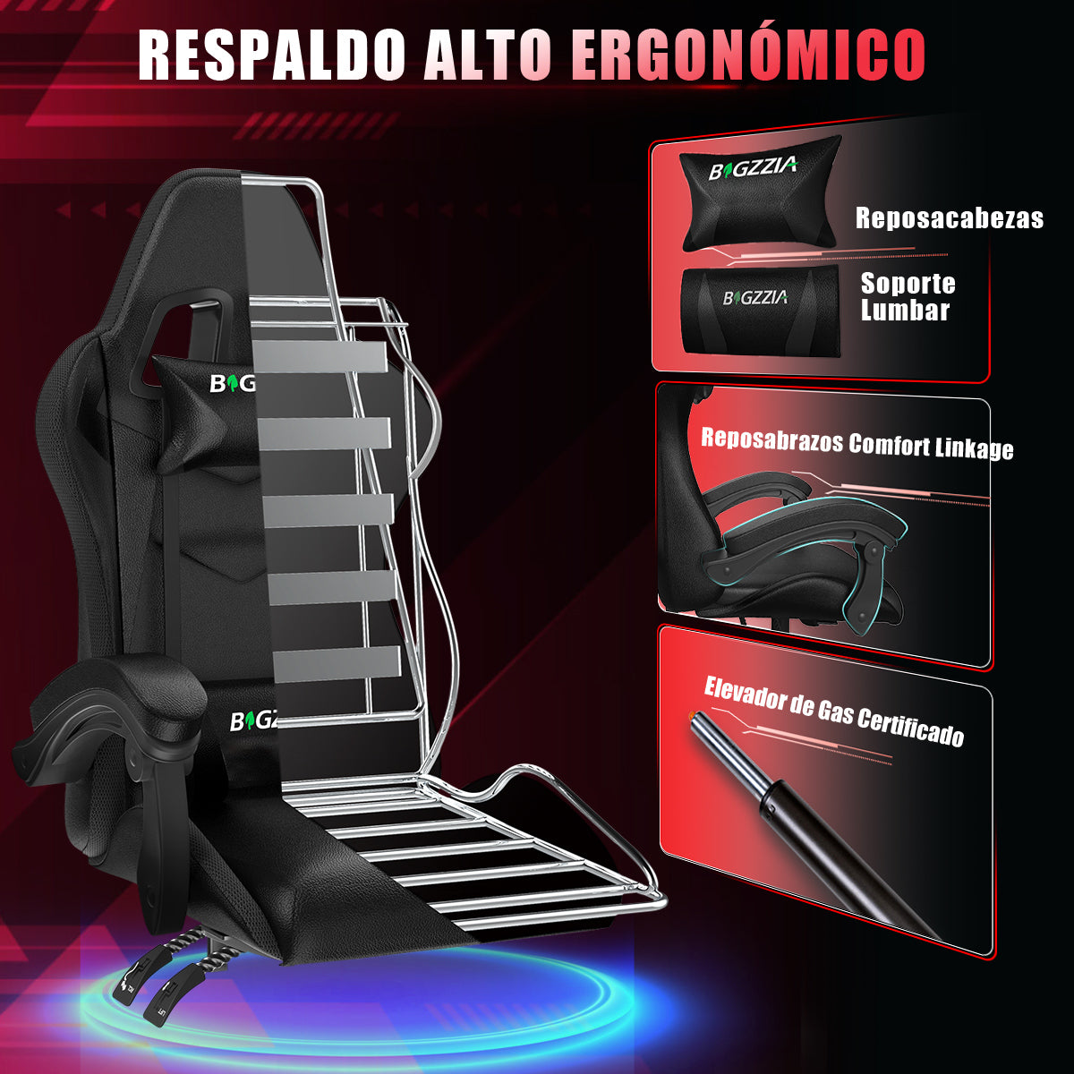 Silla Ergonómica para Juegos con Luces LED RGB, Reclinable, Reposacabezas y Soporte Lumbar Estilo Carrera