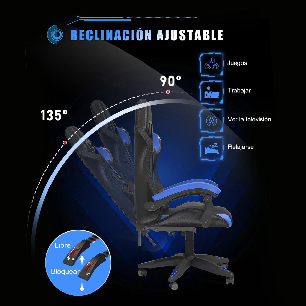 Silla Ergonómica para Juegos con Luces LED RGB, Reclinable, Reposacabezas y Soporte Lumbar Estilo Carrera