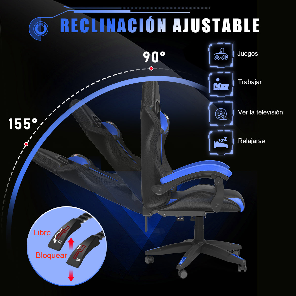 Silla Ergonómica para Juegos con Luces LED RGB, Reclinable, Reposacabezas y Soporte Lumbar Estilo Carrera