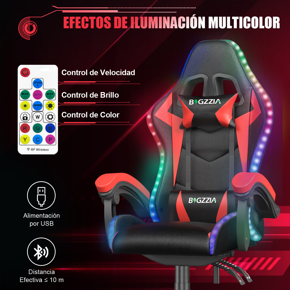 Silla Ergonómica para Juegos con Luces LED RGB, Reclinable, Reposacabezas y Soporte Lumbar Estilo Carrera
