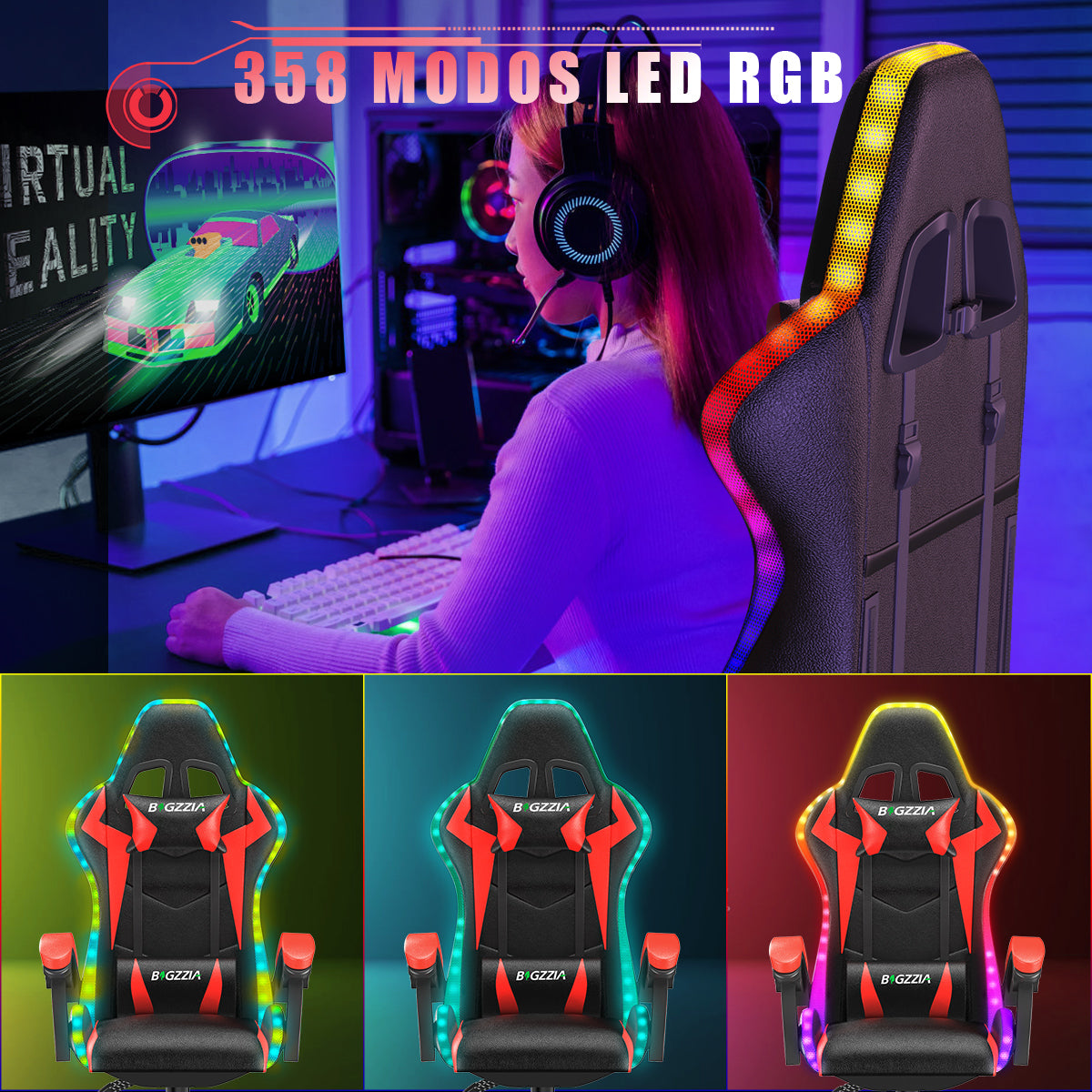 Silla Ergonómica para Juegos con Luces LED RGB, Reclinable, Reposacabezas y Soporte Lumbar Estilo Carrera