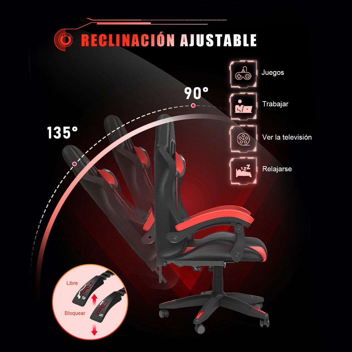 Silla Ergonómica para Juegos con Luces LED RGB, Reclinable, Reposacabezas y Soporte Lumbar Estilo Carrera
