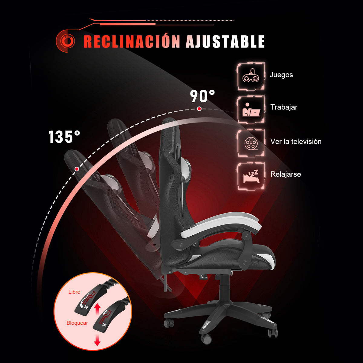 Silla Ergonómica para Juegos con Luces LED RGB, Reclinable, Reposacabezas y Soporte Lumbar Estilo Carrera
