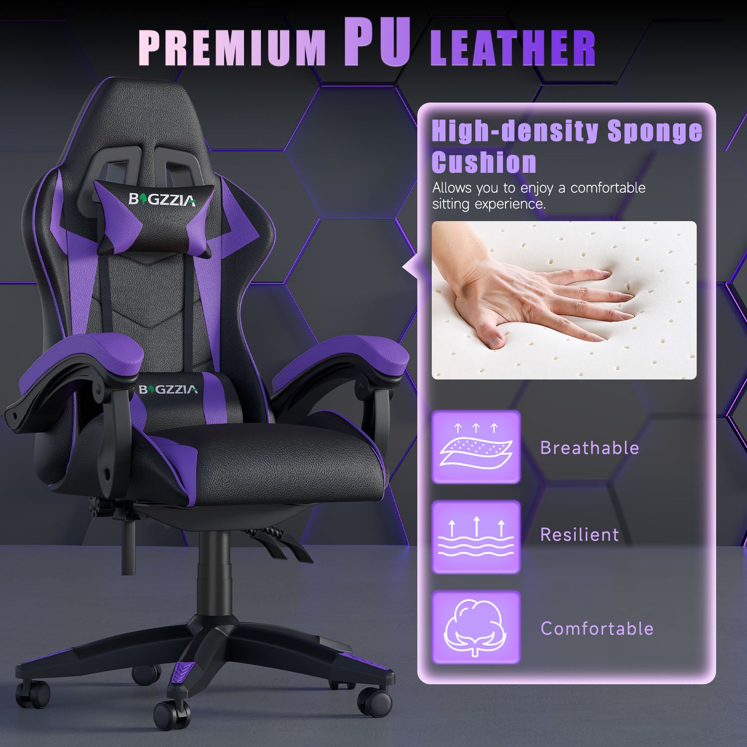 Silla Gaming Ergonómica con Respaldo Regulable de 90° a 135°, con Reposacabezas, reposabrazos y Soporte Lumbar.