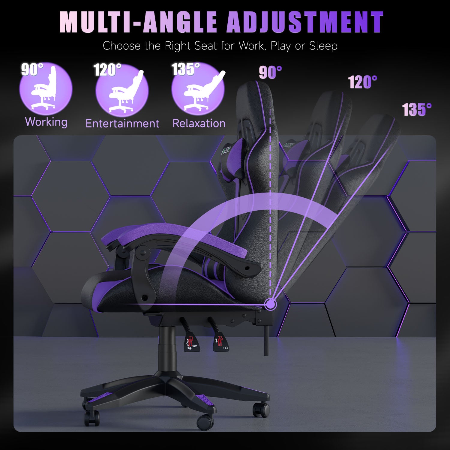 Silla Gaming Ergonómica con Respaldo Regulable de 90° a 135°, con Reposacabezas, reposabrazos y Soporte Lumbar.