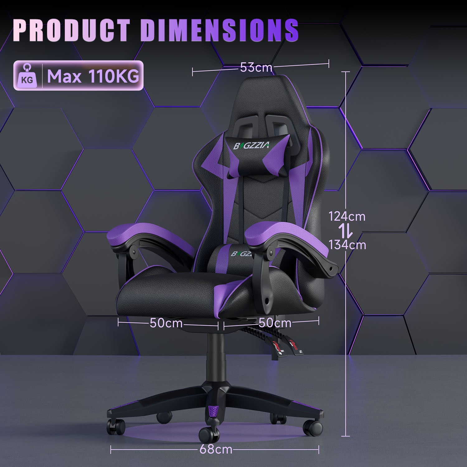 Silla Gaming Ergonómica con Respaldo Regulable de 90° a 135°, con Reposacabezas, reposabrazos y Soporte Lumbar.