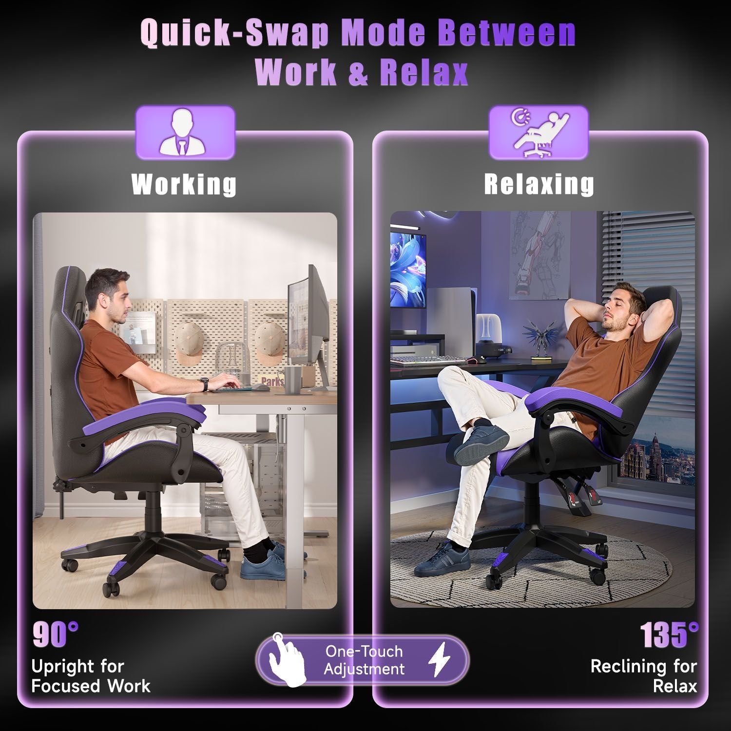 Silla Gaming Ergonómica con Respaldo Regulable de 90° a 135°, con Reposacabezas, reposabrazos y Soporte Lumbar.