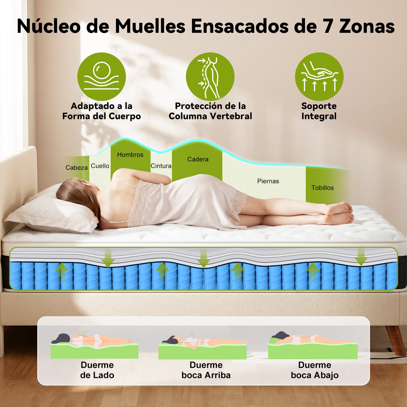 Colchón de Muelles Ensacados con Espuma Viscoelástica, Colchones Híbridos de 25 cm, Firmeza Media, Refuerzo en los Bordes