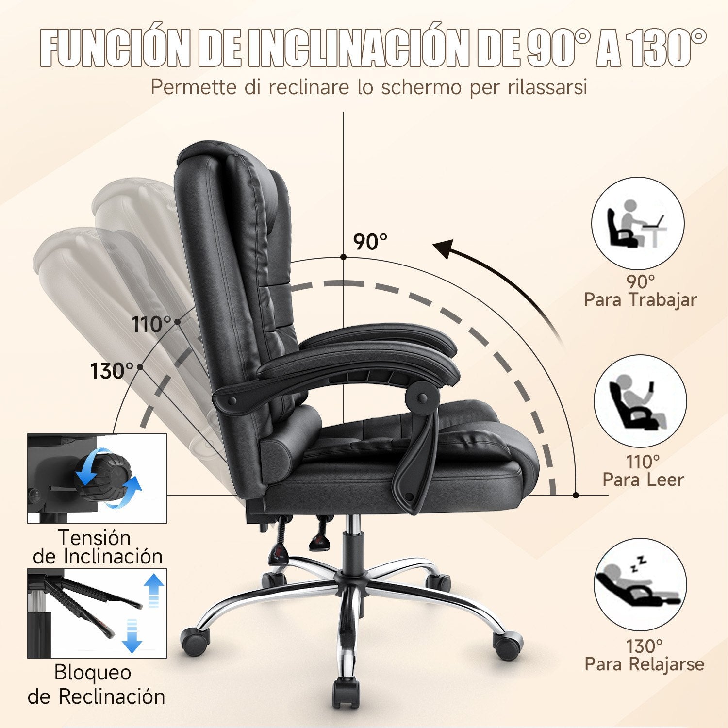 Silla de oficina ejecutiva ergonómica Silla de escritorio con respaldo alto de cuero de PU con función de inclinación reclinable para el trabajo de oficina en casa