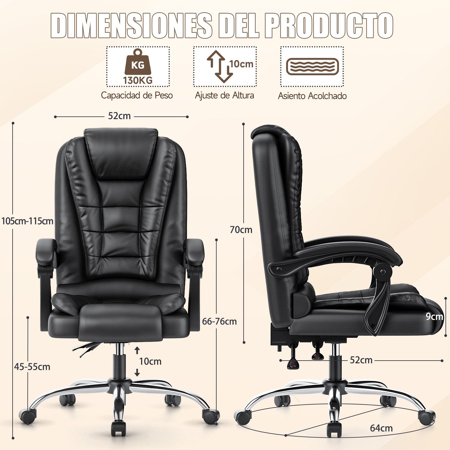 Silla de oficina ejecutiva ergonómica Silla de escritorio con respaldo alto de cuero de PU con función de inclinación reclinable para el trabajo de oficina en casa