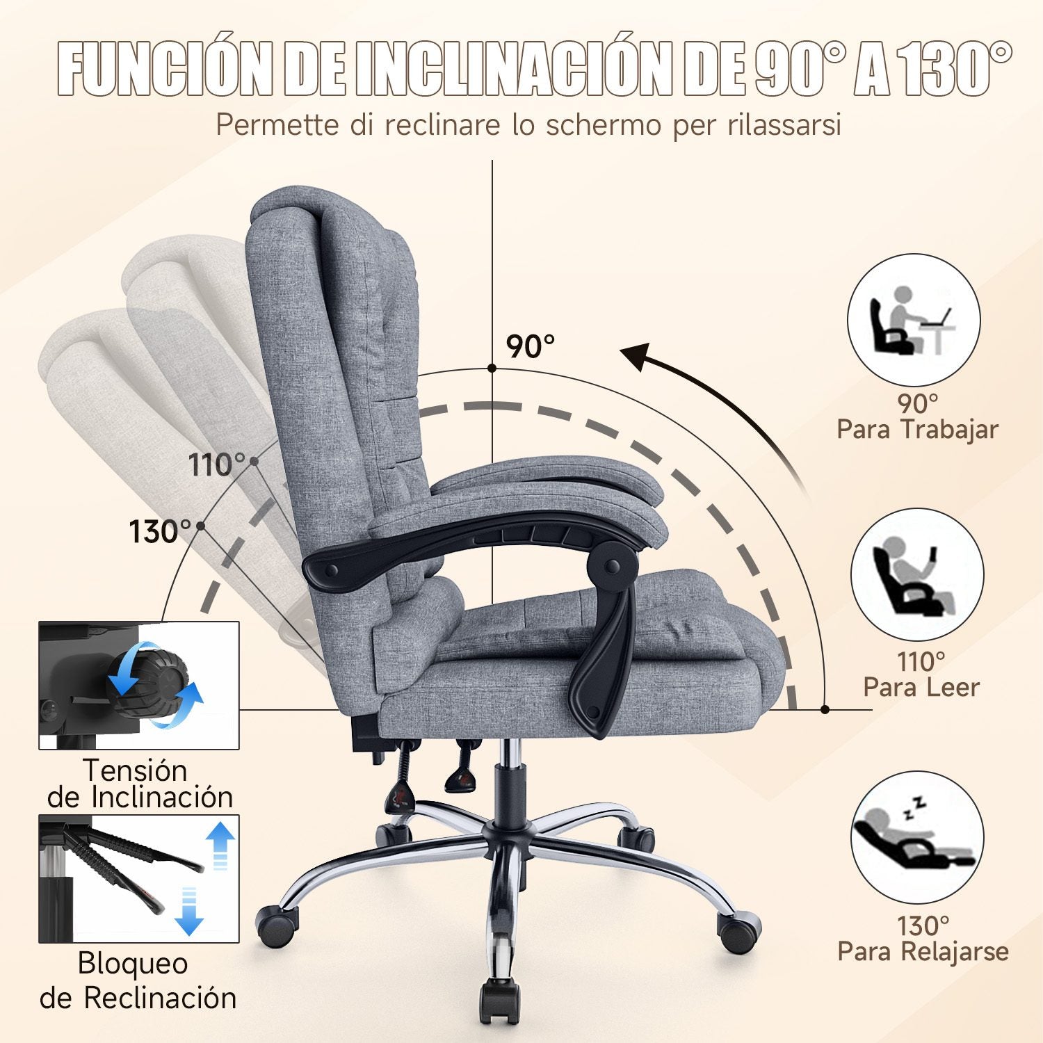 Silla de oficina ejecutiva ergonómica Silla de escritorio con respaldo alto de cuero de PU con función de inclinación reclinable para el trabajo de oficina en casa