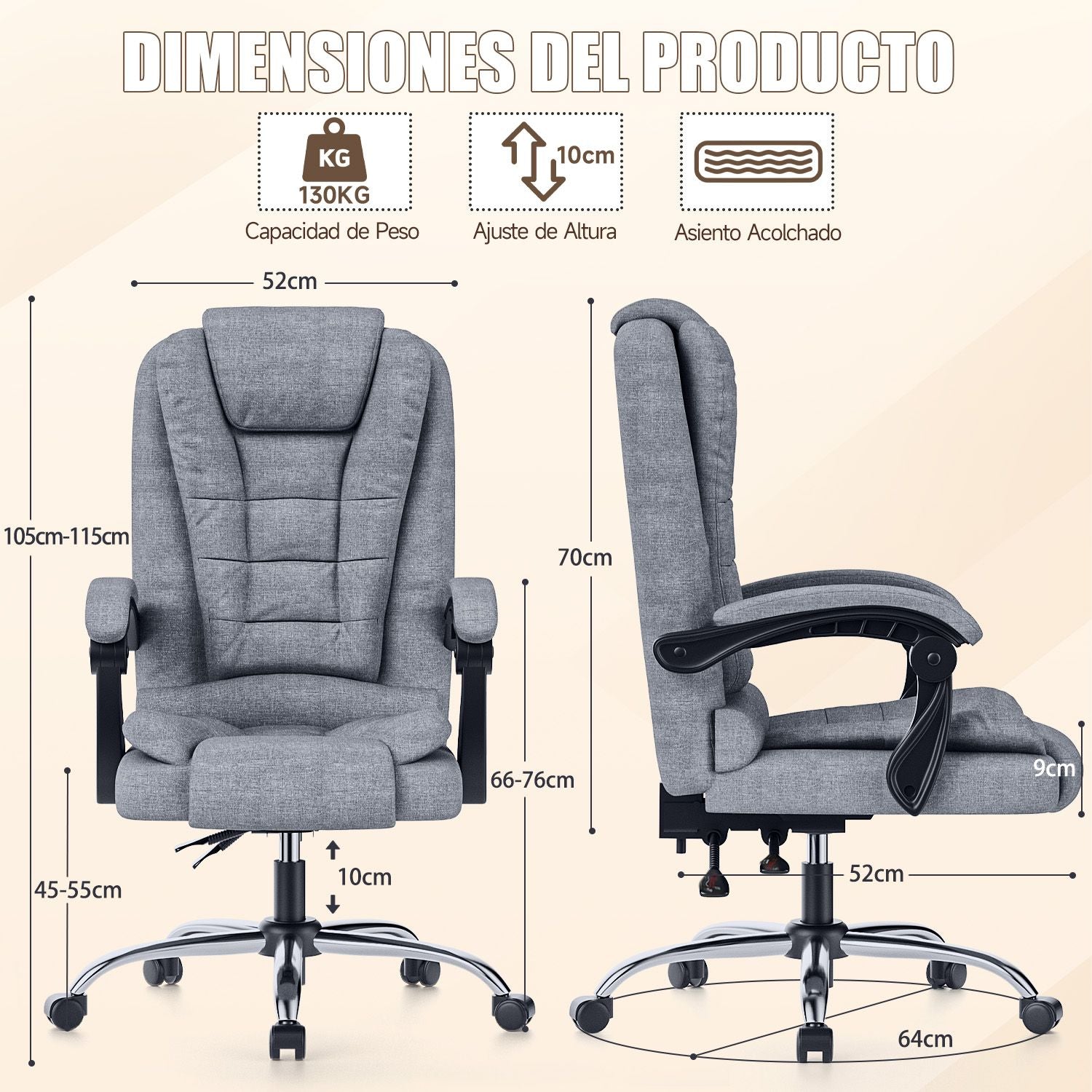Silla de oficina ejecutiva ergonómica Silla de escritorio con respaldo alto de cuero de PU con función de inclinación reclinable para el trabajo de oficina en casa