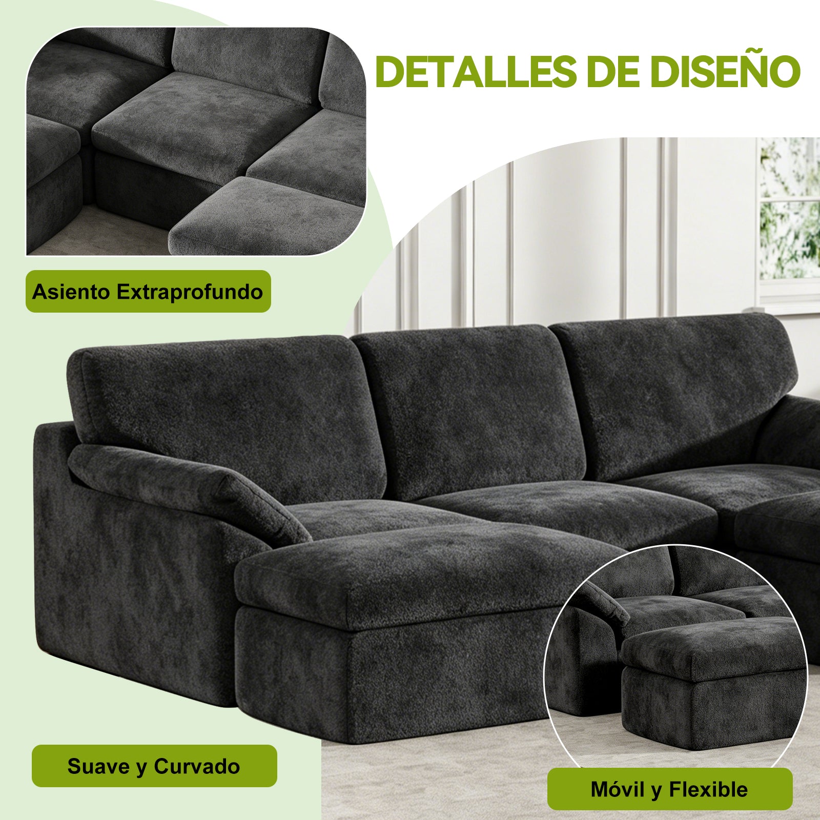 5 Plazas Sofá Modular en Forma de U, Sofá sin Armazón, Combinación Libre
