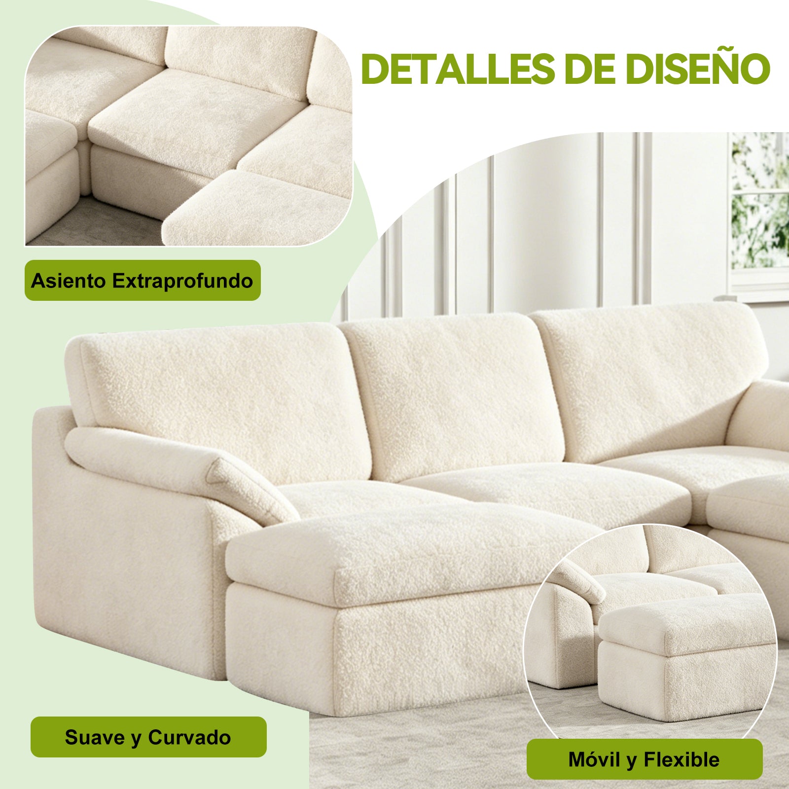 5 Plazas Sofá Modular en Forma de U, Sofá sin Armazón, Combinación Libre